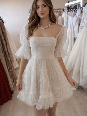 Watters Ivory Puff-Sleeve Mini Dress with Square Neck